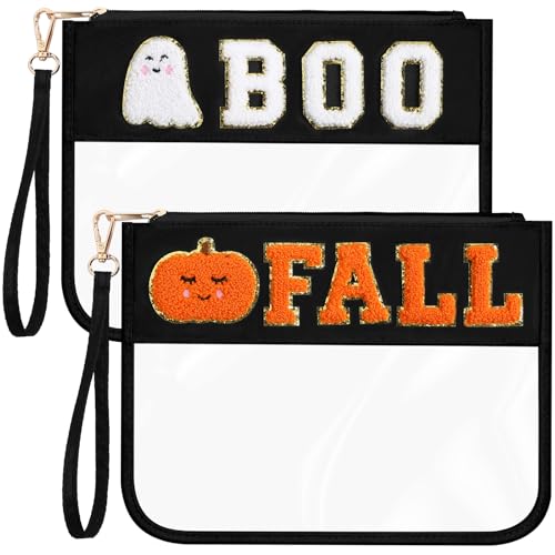Remerry 2 Pcs Halloween Gifts Chenille Letter Bag Spooky Pumpkin Fall Boo Patch Clear Makeup Cosmetic Toiletry Pouch Nylon PVC Monogram Treat Candy Goodie Bag Preppy Purse Waterproof for Women