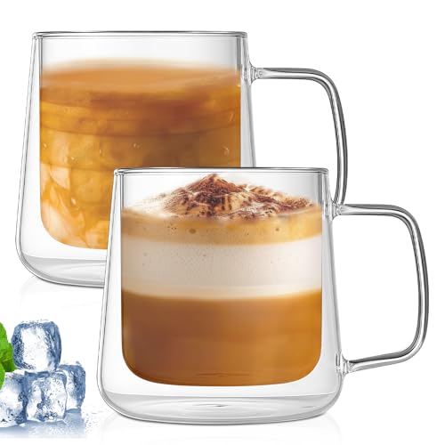 PORFOYO 400ml Tazas de Cafe Cristal, Juego de 2 Tazas de vidrio de doble pared con Asa, Vasos Doble Pared Cristal para Café Leche Té Latte Macchiato y Más