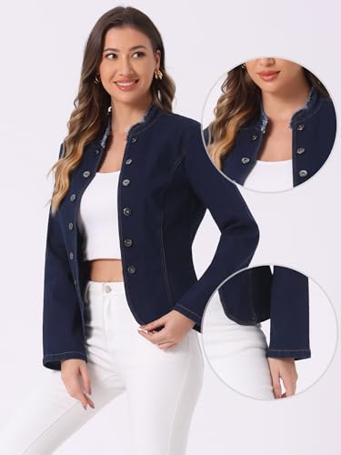 Allegra K Denim Blazer for Women's Open Front Stand Collar Jeans Jacket2