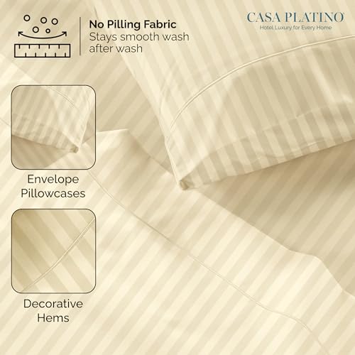 Casa Platino 100% Egyptian Cotton Sheets Full Size Set - 6 Pieces - Damask Stripe- Ultra Smooth Sateen Weave Bed Sheets Set with 15" Deep Pockets - Ivory