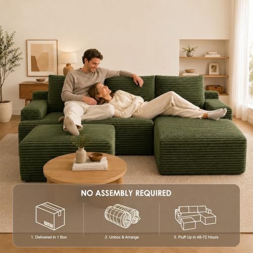 Image of Boneless Couch, Modular Sectional Couches for Living Room, U-Shaped Cloud Couch Sofa with Deep Seat, Fluffy Corduroy Upholstered Corner Sofa