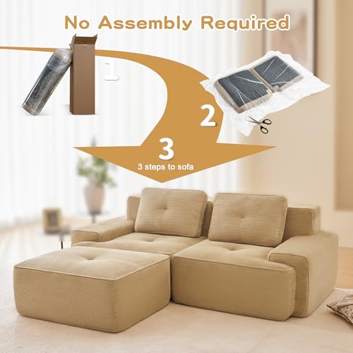 Image of 82 inch L Shaped Modular Boneless Couch with Movable Ottoman, 2 Seat, Soft Corduroy Fabric, Deep Seat Cloud sectional Sofa with Pearl Like Piping and Tufted Design, No Assembly, Anti Slip, Camel
