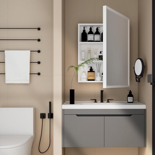 Botiquín de baño con espejo MeowWoof, marco de madera estilo granja, 28" x 22", instalación empotrada o superficial (blanco) miniatura 1