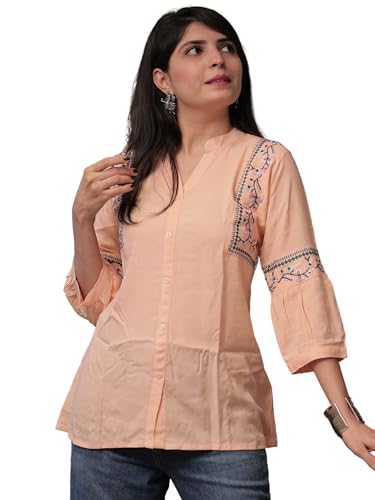Image of Women's Viscose Rayon Embroidered A-Line Short Kurti Above Knee Regular Fit Tunic Top Office Wear Casual short kurti for women | office wear top | A-line kurti | raksha bandhan gift dress for women
