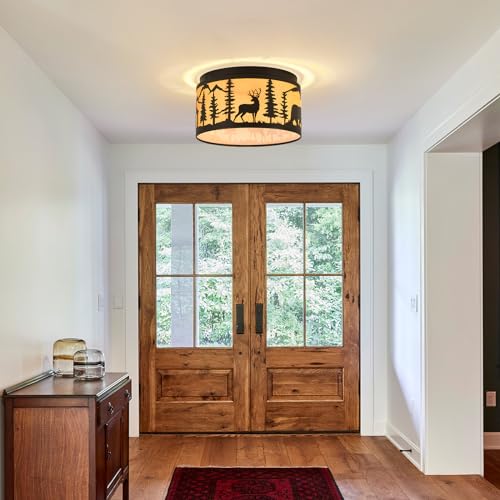 Monaxon Rustic Flush Mount Ceiling Light With Deer And Bear Elements,2-Light E26 Bulbs Round Metal Parchment Lampshade Fixture For Farmhouse thumb #1