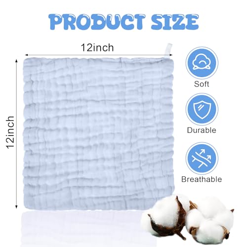 Image of Breling 20 Pcs Baby Muslin Washcloth 12 x 12 Inch 100% Cotton Soft and Absorbent Muslin Washcloth Burp Cloth Wipe Newborn Face Towel for Baby Boy Girl Sensitive Skin(White, Light Blue, Blue)