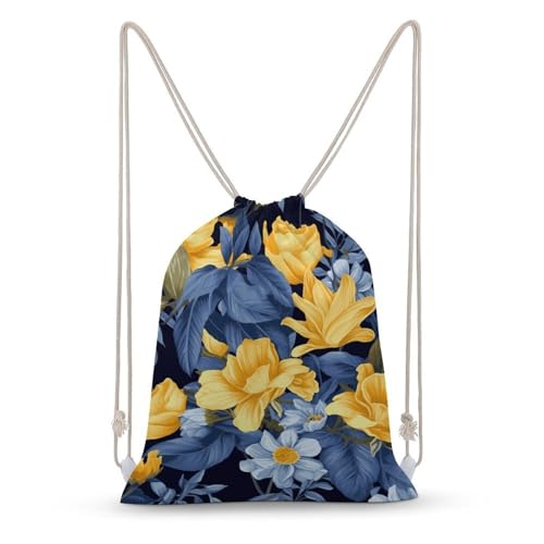 Blue Base Yellow Floral Drawstring Backpack Gym Bag Lightweight Sackpack Gift for Hiking Travel Beach Shopping