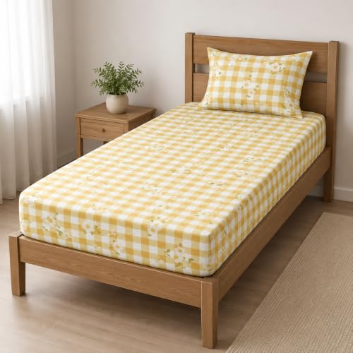 Image of la' amour Single Fitted Bedsheet with 1 Pillow Cover, Soft Breathable Elastic Bed Sheet for Single Bed, Premium Printed Bedsheet with All Around Elastic - 36 x 72 + 6 Inches, Yellow Gingham