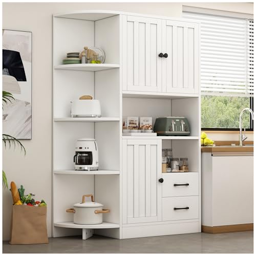 Wyibwy Mobile angolare 104x35x155 cm, con 3 armadietti, 2 cassetti e 6 scomparti Mobile da salotto, libreria e armadio alto Credenza moderna, bianca