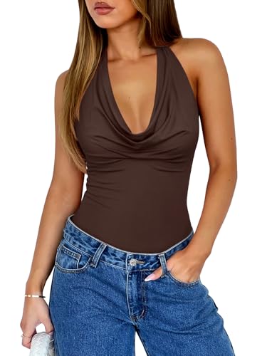REORIA Womens Sexy Trendy Halter Cowl Neck Backless Body Suits Summer Open Back Double Lined Bodysuit Tank Tops Coffee Small