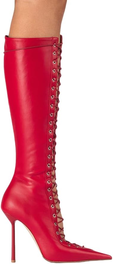 Saint Leia Women's Knee High Boots Pointed Toe Lace Up Stiletto Heel Fashion Elegant Long Boots