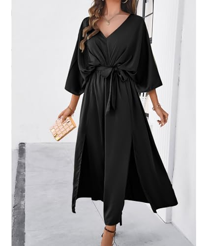 Image of SEMATOMALA Women's Satin Batwing Sleeve Cocktail Evening A Line Long Dress V Neck Ruched Loose Maxi Dress