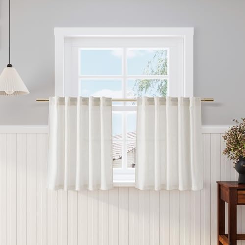 Image of Cream Linen Kitchen Curtains 30 Inches Long 2 Panels Back Tab Rod Pocket Farmhouse Light Filtering Semi Sheer Short Curtain Solid Privacy Cafe Tier Curtains for Bathroom Basement Camper 36x30