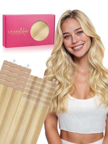 WENNALIFE Mini Tape in Hair Extensions Human Hair for Thin Hair, Light Blonde Highlighted Golden Blonde 20 Inch 50g Invisible Tape Ins No Show No Bulk, Seamless Cuttable PU Weft DIY at Home