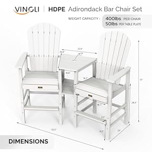 VINGLI Tall Adirondack Chairs Set of 2 with Removable Double Connecting Trays HDPE Adirondack Bar Stools Poly Deck Chairs 350LBS Capacity White