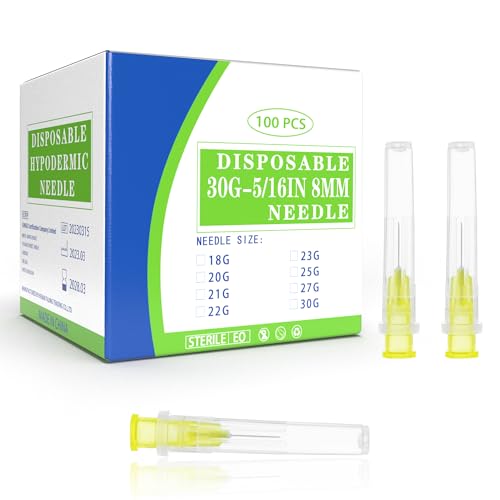 30Ga 5-16 Inch Luer Lock Needle with Cap - Disposable 30G Needles for Precision Refilling of Glues, Inks, and Adhesives, Sterile Individually Wrapped, Box of 100