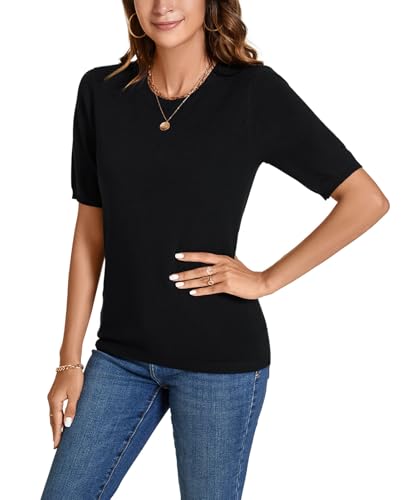 Image of Womens Short Sleeve Sweaters Tops Crew Neck Pullover Shirt Lightweight Knit Sweater Blouse