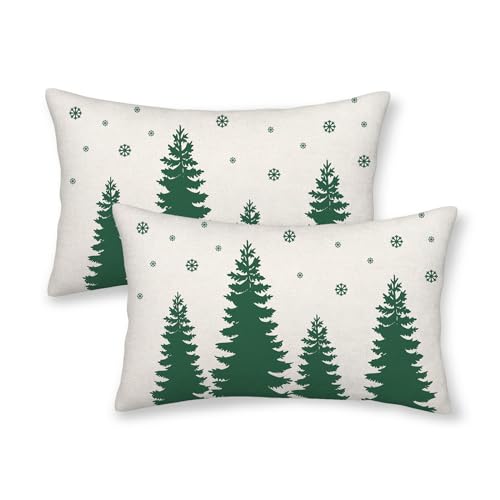CXMEIFLY Christmas Pillow Covers 12x20 Inch Set of 2 Cream Sage Green Christmas Tree Snowflakes Decor Throw Pillows Winter Xmas Holiday Outdoor Lumbar Cushion Cases for Couch Bed Decorations