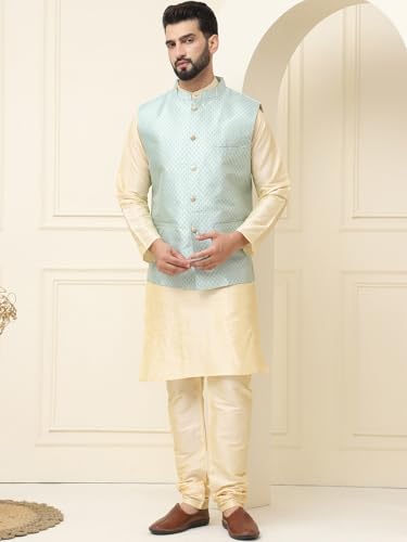 Image of SOJANYA (Since 1958 Men's Silk Blend Kurta Pyjama With Self Design Nehru Jacket