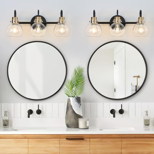 Image of 3 Lights Bathroom Light, Black Gold Vanity Light Fixture, Wall Sconces with Globe Clear Glass Shade, Farmhouse Wall Mount Lamp for Mirror, Kitchen, Porch, Living Room, Workshop