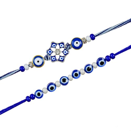 Image of eCraftIndia Designer Blue Evil Eye Rakhi Set with Best Bro Ever Fridge Magnet & Cute Couple Showpiece | Handmade Raksha Bandhan Gift Combo for Brother