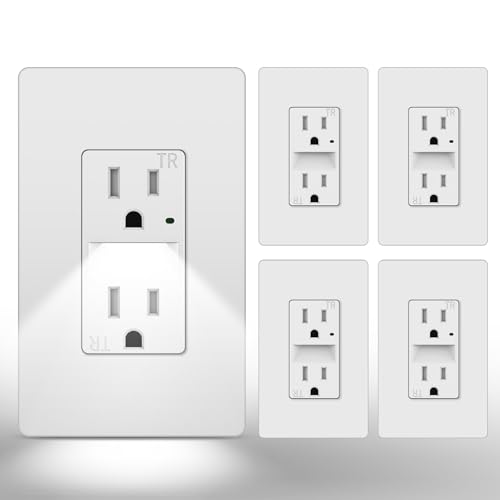 CML Outlet with Night Light, 15 Amp Decorator Receptacle with LED Guide Lights and Dusk to Dawn On/Off Sensor, Tamper Resistant Electrical Outlets w/Screwless Wall Plate, ETL Listed, 5 Pack, White