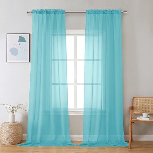 Image of Chyhomenyc Aqua Sheer Curtains 96 inches Long 2 Panels, Light Filtering Soft Airy Solid Elegant Voile Window Treatment Drapes for Bedroom Living Room, 42Wx96L, 8FT L