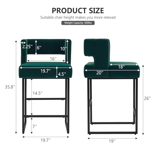 Image of 26 inch H Velvet Bar Stools Set of 6, Counter Height Bar Seats with Square Back, Modern Upholstered Armless Barstools with Metal Black Legs for Kitchen Island Dining Room Bar, Green