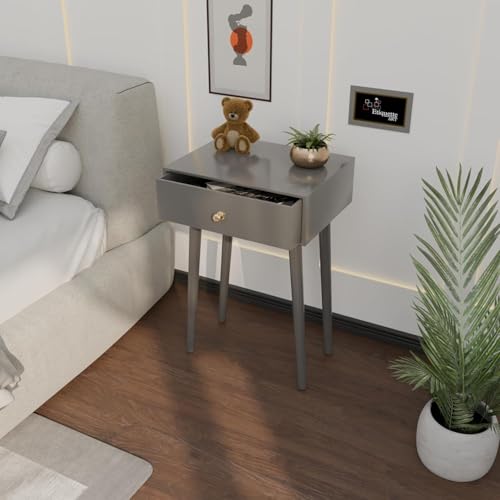 Image of Device Bas with BROWN ART SHOPPEE Nightstands Side Table with Drawer and Solid Wood Legs, Bedside Table for Bedrooms, Century Modern Drawer Storage Cabinet for Living Room Furniture (Grey.)