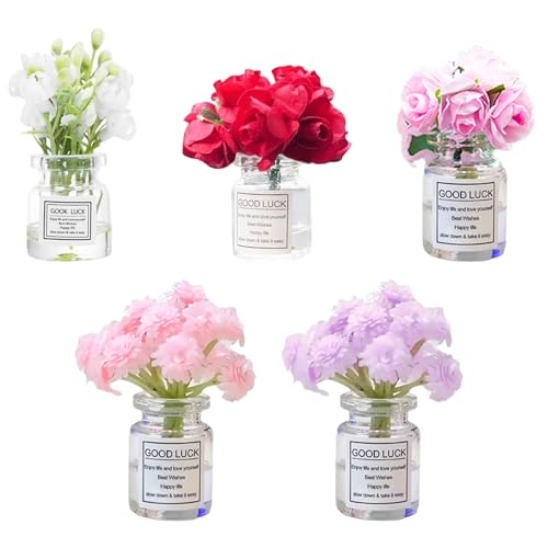 5 mini floreros decorativos para salpicadero de coche, lindo mini florero autoadhesivo con adornos de flores artificiales, accesorios interiores para coche, decoraciones para salpicaderos