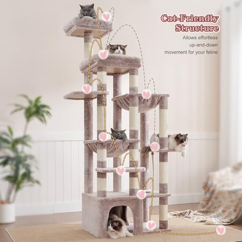 Image of Heybly Cat Tree, 71-Inch Tall Cat Tower for Large Maine Coon Cats with Extra-Large Baseboard, Cat Condo Furniture with Multi-Level Platforms, 2 Hammocks and 12 Scratching Posts, Muchroom HCT037MU