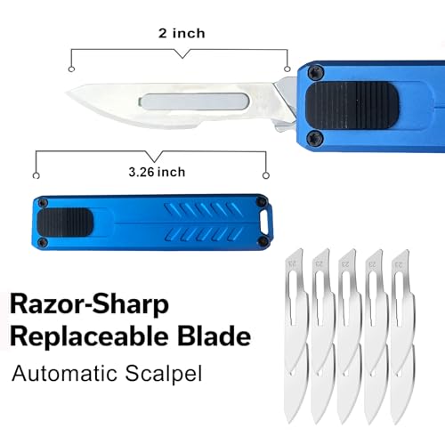 Automatic Utility Knife, Safety Black Box Cutter Retractable, EDC Push Button Knife, Exacto Scalpel Knife, 10PCS #23 Razor Blades Pocket Knife with Clip (Blue)