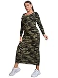 WDIRARA Women's Plus Size Camo Print Round Neck Long Sleeve Pencil Bodycon Midi Dress Green 4XL