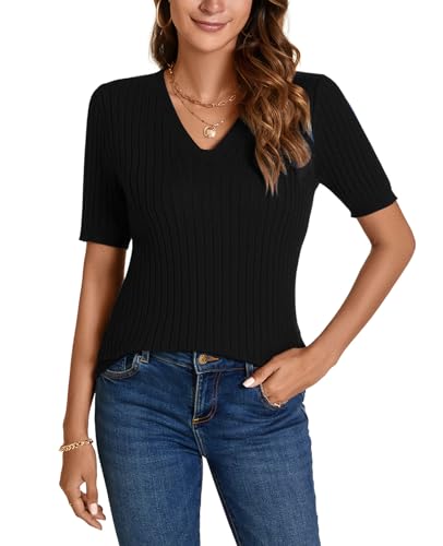 Image of Women Summer Knit Shirt Blouse V Neck Short Sleeve Pullover Sweater Tops
