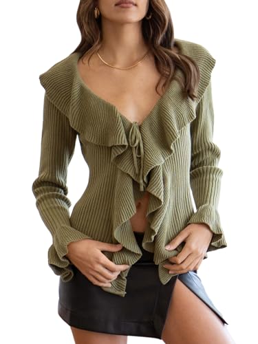 Goranbon Womens V Neck Sexy Sweaters Ruffle Long Sleeve Wrap Loose Sweater Fashion Drawstring Jumper