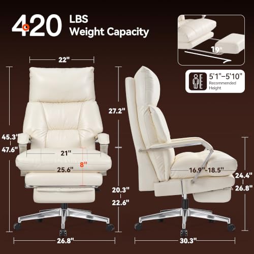Image of OKUP M76 160 Reclining Executive Office Chair with Footrest, Adjustable Seat Depth Leather Office Chair, 8 inch Thick Sofa-Like Cushion, 420 lb Reinforced High Back Desk Chair for Home Office, Cream