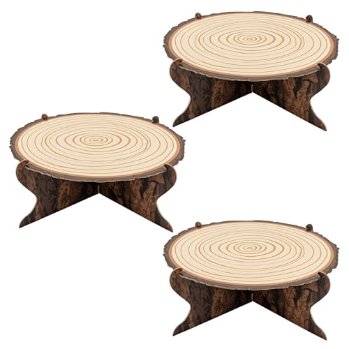 Framendino, 3 Pack Woodland Cupcake Stands Paper Wood Grain Cake Holder Decoration for Forest Shower Party Supplies (11.81 x 3.94 in)