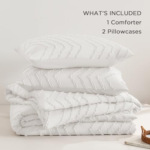 Image of Andency White Oversized Super King Plus Comforter Set 128x120, Extra Large King Size Comforter Oversize Boho Soft Warm Bedding Comforter Sets, 3 Pieces Aesthetic Chevron Textured Bedding