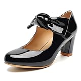 Rjclyh Women's Comfortable Bow Mary Jane Pumps Low Chunky Block Heels - Patent Leather Closed Round Toe Ankle Strap Non-Slip Dress Shoes for Wedding Party Cosplay Office Work Black Patent 10