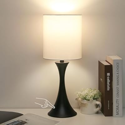 3 Way Touch Control Table Lamp, Modern Bedside Lamp for Bedroom, Dimmable Black Nightstand Lamp White Shade Desk Reading Light for Living Room Office Dorm, 3000K LED Bulb Included