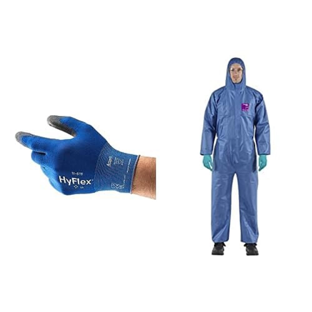 AnsellHyFlex 11-618 Thin Work Gloves, Stretch Fit Nylon Liner with Abrasion Resistant, Blue, Size XL (12 Pairs) AlphaTec 1500 Model 138, Disposable Work Overall with Hood, Blue, Size XL (1 Unit)