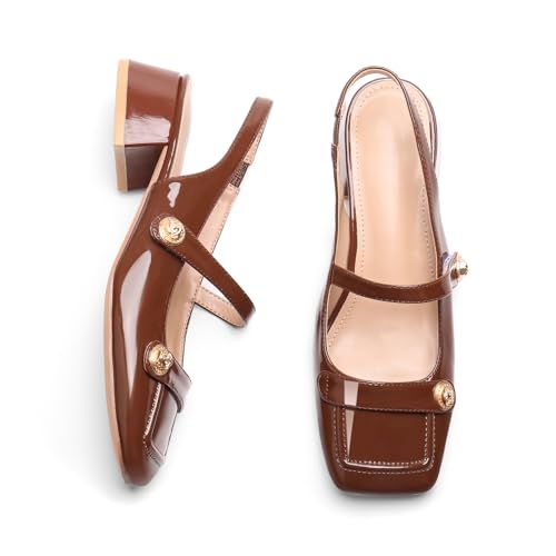 Image of Slingback Mary Jane Heels for Women Low Block Heel Closed Square Toe Pump Shoes Heels Classic Daily Office Dressy Shoes