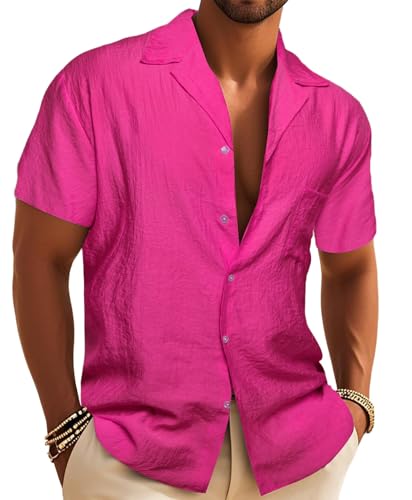 Barry.Wang Men's Short Sleeve Linen Shirts Casual Summer Button Down Business Formal Shirt Regular Wedding Party Hot Pink