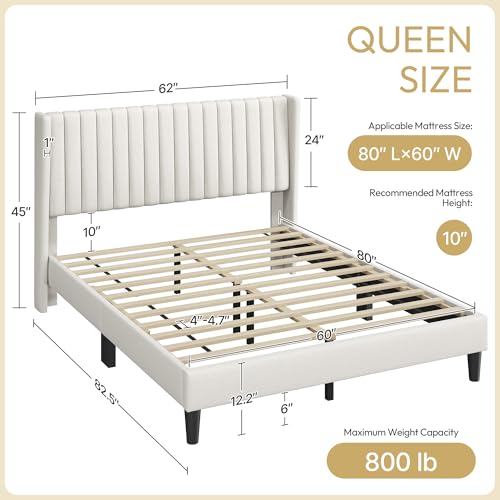 Image of Yaheetech Queen Bed Frame with Headboard, Ivory Channel-Tufted Platform