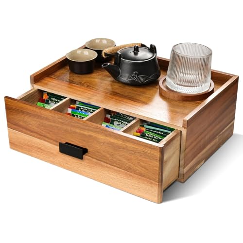 Tea Bag Organizer, Acacia Wood Tea Organizers and Storage Box with 12 Compartments Multi-Functional, Teabag Holder Container Boxes Ideal for Countertop
