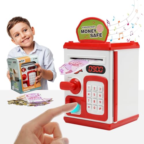 Image of Piggy Bank Toy for Kids and Adults - Gullak Money Safe with Number Password and Touch Sensor - Money Saving Mini ATM Toy with Lights and Sound (Red -White)