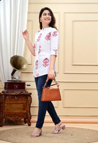 Image of Women's Rayon Floral Printed Short Kurti | Regular Fit | Mandarin Collar | Casual Wear for Office, College