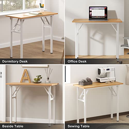 Image of Need Small Computer Desk 31.5 in Folding Home Office Table Teak | White Frame Writing Gaming Work Table /Sturdy Foldable Study Table for Small Space /Dormitory, No Assembly Required