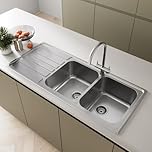 SÄUBER® 1160 x 500mm Stainless Steel Kitchen Sink Double 2 Bowl Inset Drop in Installation, Left Hand Drainer, 18/8 Grade Steel Sinks, Free Basket Strainer Waste