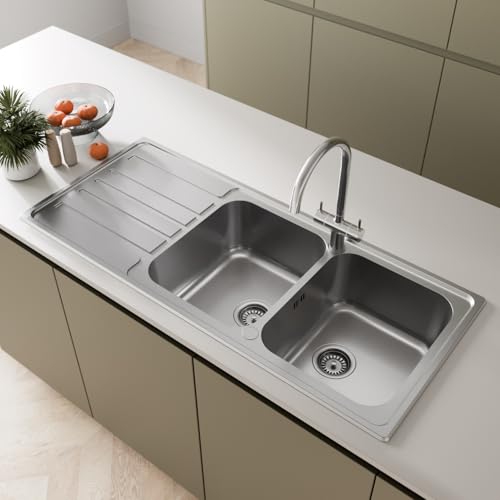 SÄUBER® 1160 x 500mm Stainless Steel Kitchen Sink Double 2 Bowl Inset Drop in Installation, Left Hand Drainer, 18/8 Grade Steel Sinks, Free Basket Strainer Waste